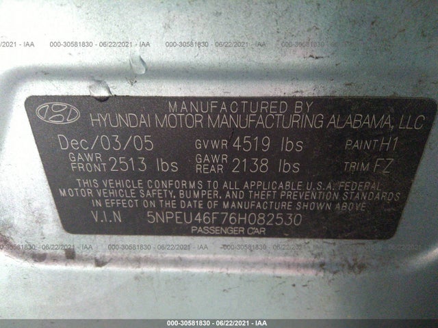 2006 HYUNDAI SONATA GLS/LX VIN: 5NPEU46F76H082530