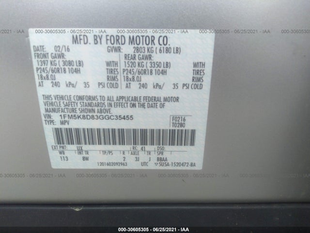Ford EXPLORER XLT 2016 1FM5K8D83GGC35455 Image 9