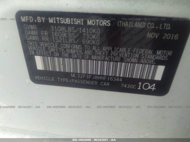 2017 Mitsubishi Mirage, VIN: ML32F3FJ8HHF16344