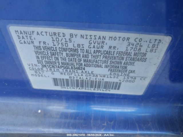 3N1CN7AP5GL834624 Nissan Versa 1.6 S+