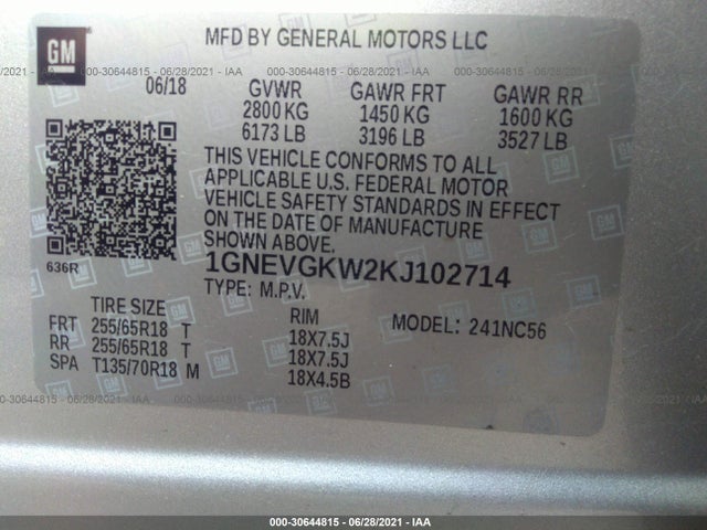 2019 Chevrolet Traverse, VIN: 1GNEVGKW2KJ102714