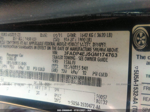 2016 FORD FIESTA SE VIN: 3FADP4EJ5GM174763