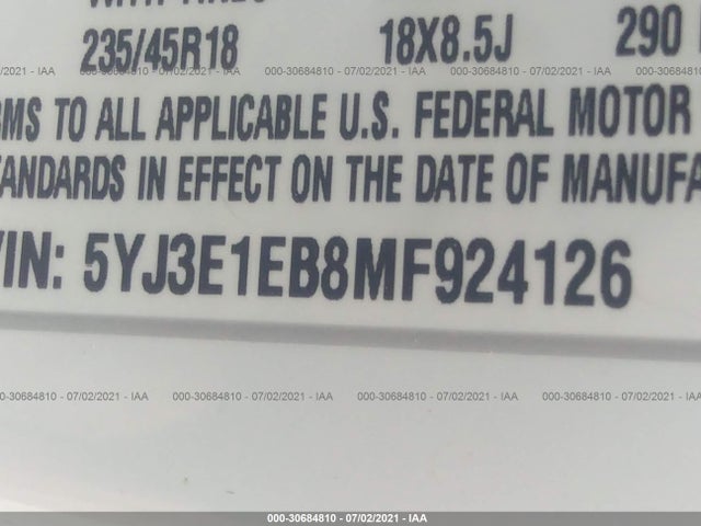 2021 TESLA MODEL 3 LONG RANGE VIN: 5YJ3E1EB8MF924126