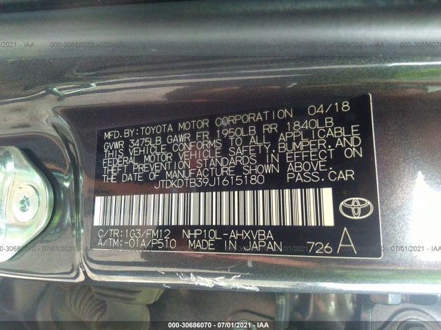 2018 Toyota Prius, VIN: JTDKDTB39J1615180