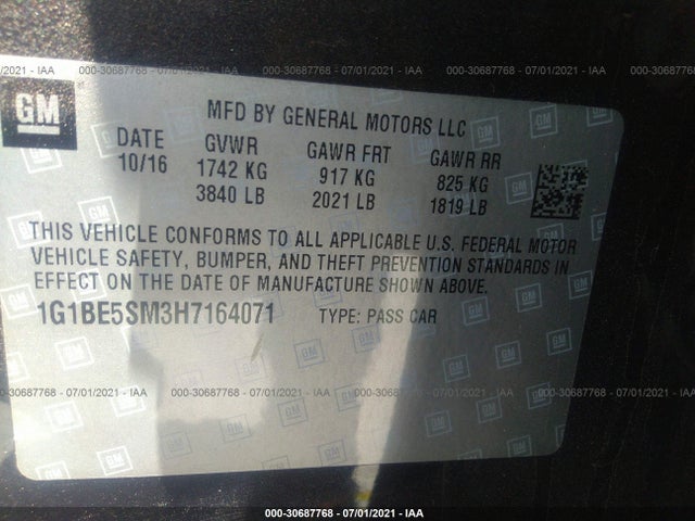 Chevrolet CRUZE LT 2017 1G1BE5SM3H7164071 Image 9