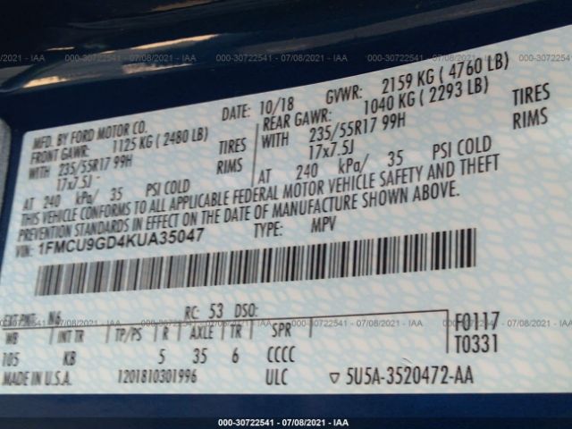 1FMCU9GD4KUA35047 Ford ESCAPE SE