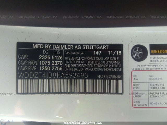 2019 Mercedes-Benz E-Class, VIN: WDDZF4JB8KA593493