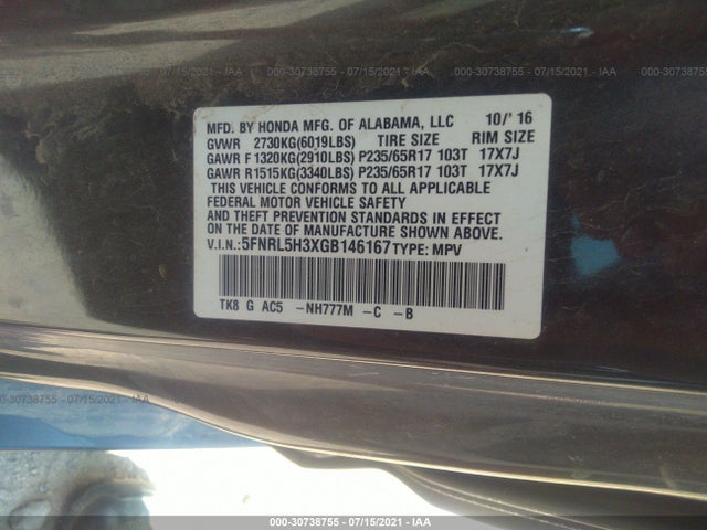 Honda ODYSSEY SE 2016 5FNRL5H3XGB146167 Image 9