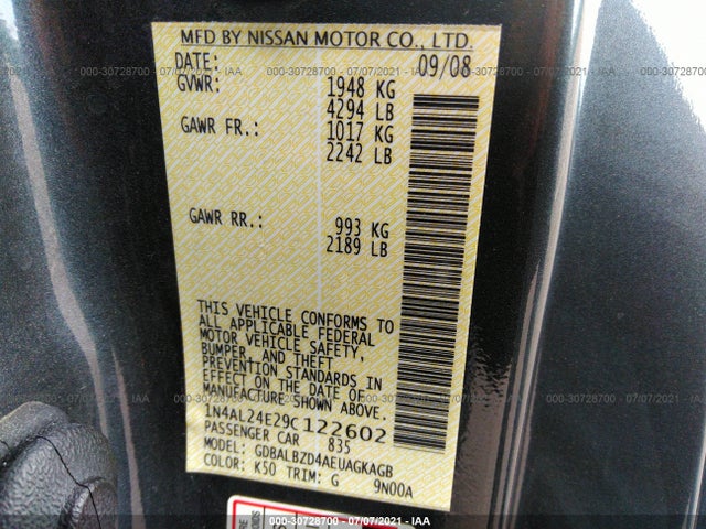 2009 NISSAN ALTIMA 2.5 S VIN: 1N4AL24E29C122602