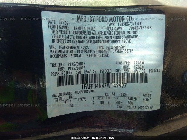 2007 FORD FOCUS S/SE/SES VIN: 1FAFP34N47W142927
