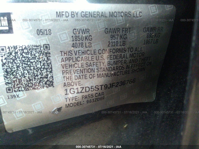 1G1ZD5ST9JF236766 Chevrolet MALIBU LT