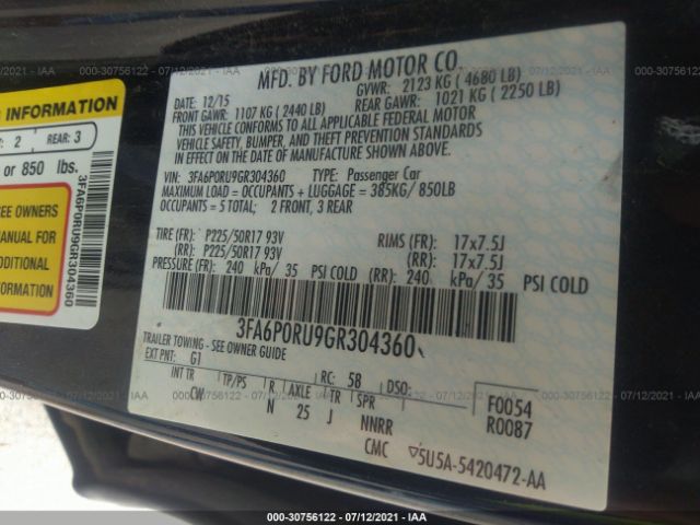 3FA6P0RU9GR304360 Ford Fusion Titanium Hybrid