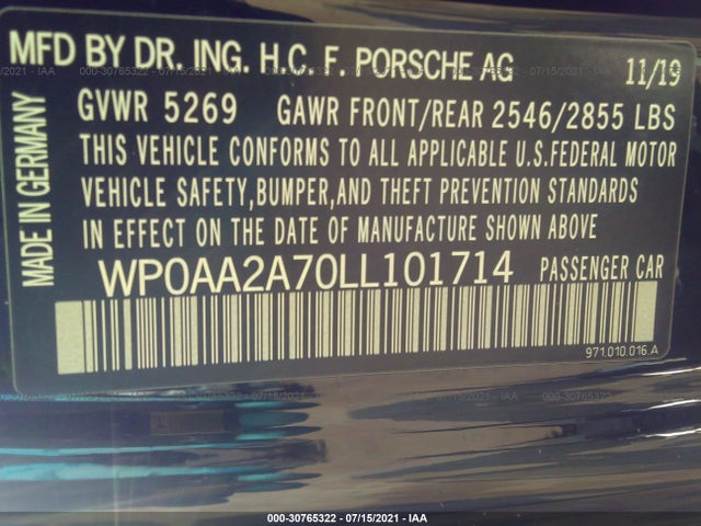 2020 Porsche Panamera, VIN: WP0AA2A70LL101714