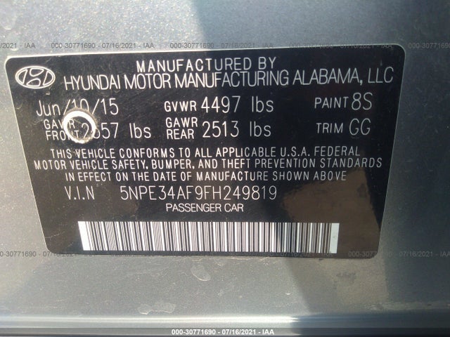 2015 HYUNDAI SONATA VIN: 5NPE34AF9FH249819