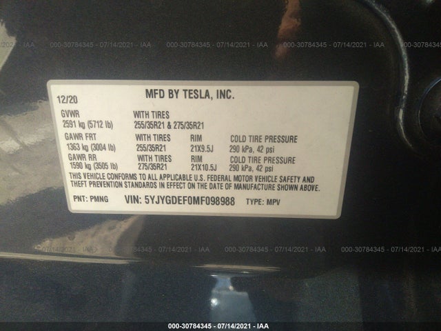 2021 TESLA MODEL Y PERFORMANCE VIN: 5YJYGDEF0MF098988
