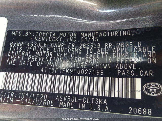 Toyota CAMRY SE 2015 4T1BF1FK9FU027099 Image 9