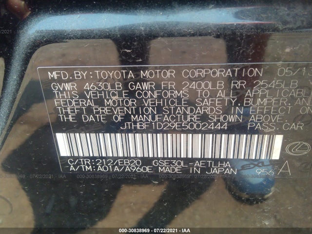 Lexus IS 250 2014 JTHBF1D29E5002444 Image 9