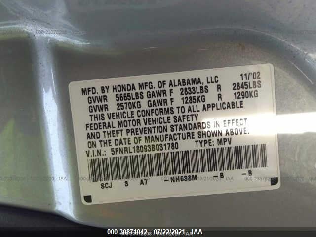 2003 HONDA ODYSSEY EX-L VIN: 5FNRL18093B031780