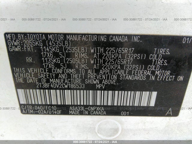 2012 TOYOTA RAV4 VIN: 2T3BF4DV2CW186533