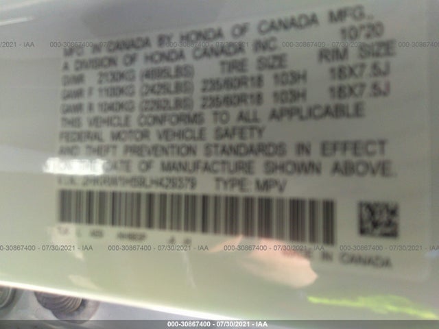 Honda CR-V EX 2020 2HKRW1H59LH429379 Image 9