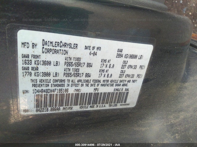 2004 DODGE DURANGO SLT VIN: 1D4HB48DX4F195106