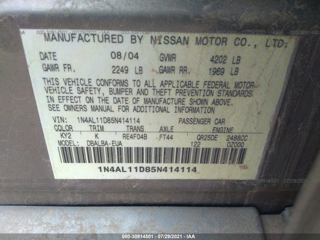 2005 NISSAN ALTIMA 2.5 S VIN: 1N4AL11D85N414114