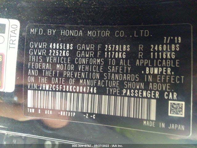 2019 Honda Clarity, VIN: JHMZC5F38KC004746
