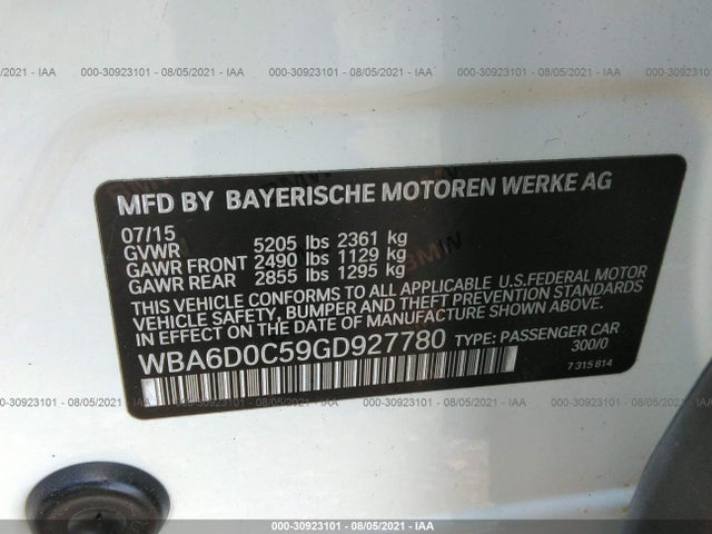 2016 BMW 6 Series, VIN: WBA6D0C59GD927780