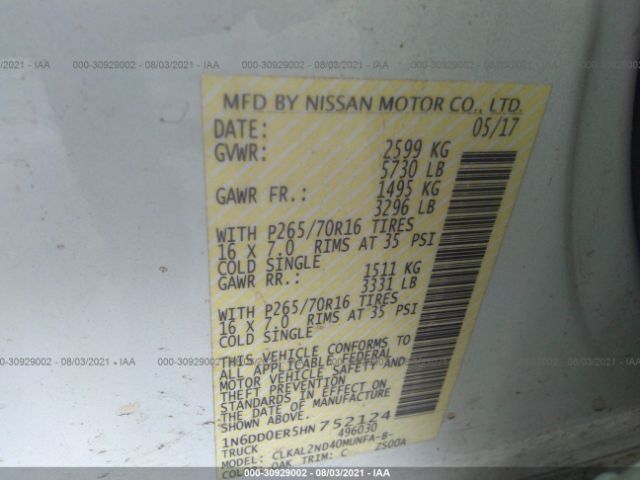 1N6DD0ER5HN752124 Nissan Frontier Sv V6