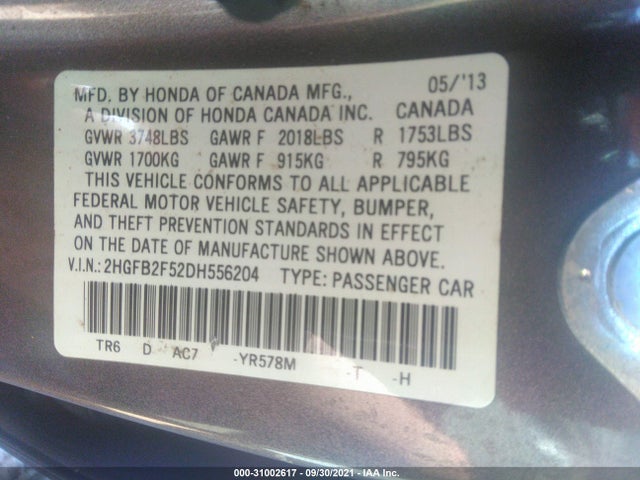 2013 HONDA CIVIC SDN LX VIN: 2HGFB2F52DH556204