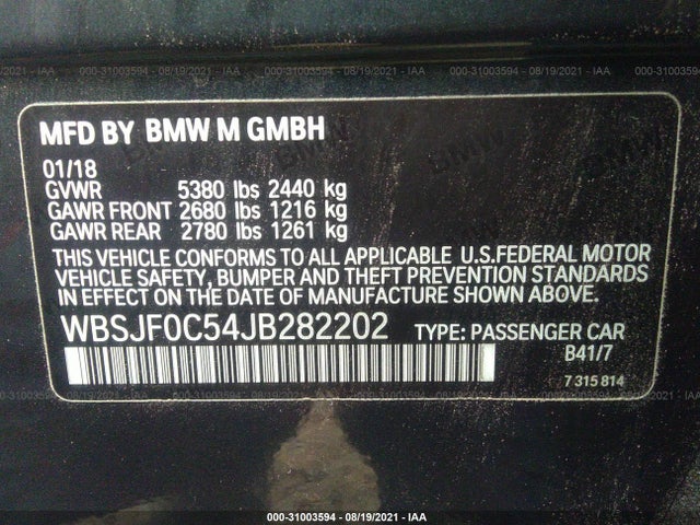 2018 BMW M5, VIN: WBSJF0C54JB282202