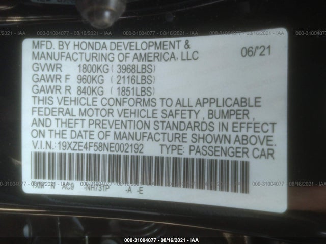 2022 Honda Insight, VIN: 19XZE4F58NE002192