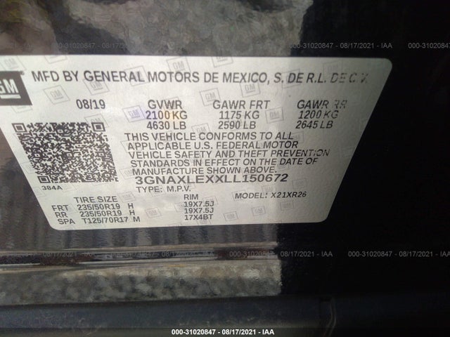 Chevrolet EQUINOX LT 2020 3GNAXLEXXLL150672 Image 9