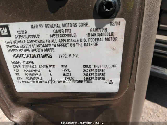 31061259 :رقم المزاد ، 1GNEC16Z04J246093 vin ، 2004 Chevrolet Suburban 1500 Ls مزاد بيع