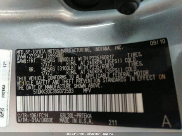 31107608 :رقم المزاد ، 5TDKK3DC3BS072593 vin ، 2011 Toyota Sienna Le مزاد بيع