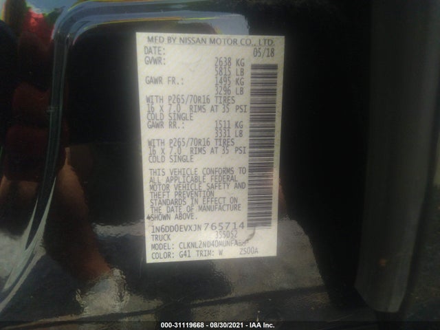 2018 Nissan Frontier, VIN: 1N6DD0EVXJN765714