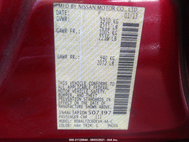 Продажа на аукционе авто 2013 Nissan Altima 2.5 Sv, vin: 1N4AL3AP1DN507397, номер лота: 31125844