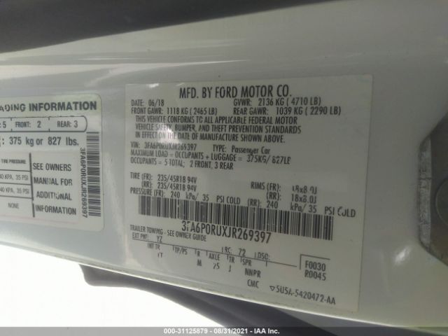 3FA6P0RUXJR269397 Ford Fusion Hybrid Titanium