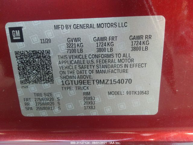 1GTU9EET9MZ154070 GMC Sierra 1500 4wd  Short Box At4
