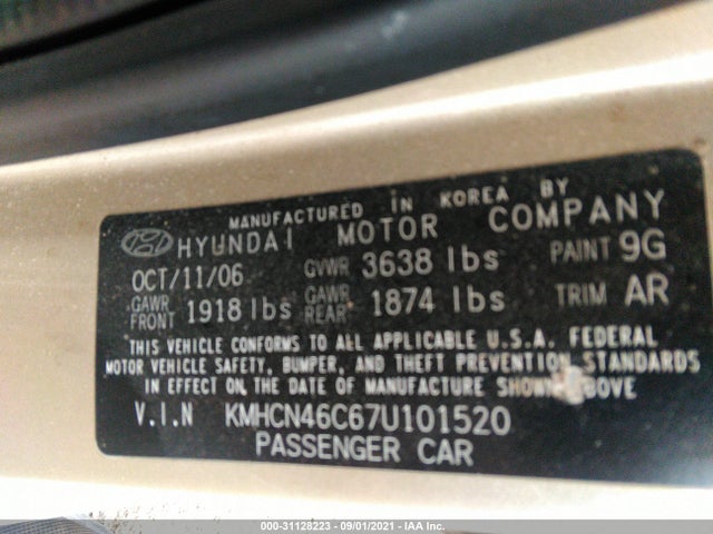 2007 HYUNDAI ACCENT GLS VIN: KMHCN46C67U101520
