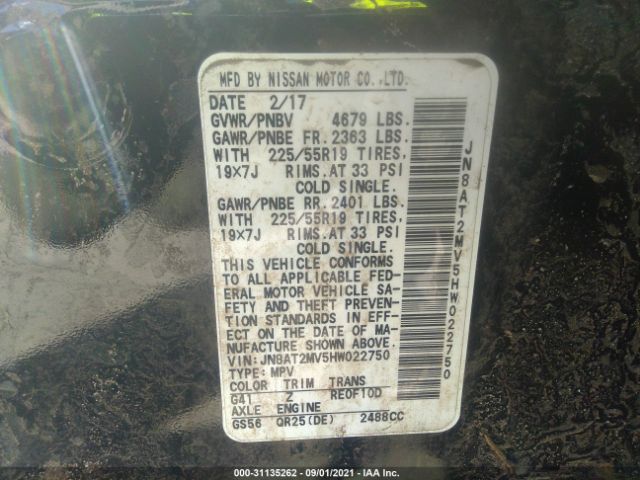 JN8AT2MV5HW022750 Nissan Rogue Sl