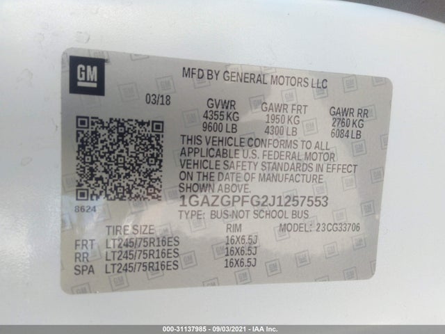 2018 Chevrolet Express, VIN: 1GAZGPFG2J1257553