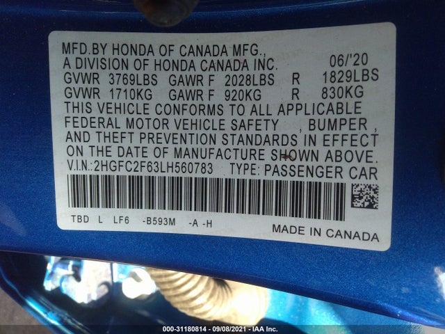2020 HONDA CIVIC SEDAN LX VIN: 2HGFC2F63LH560783