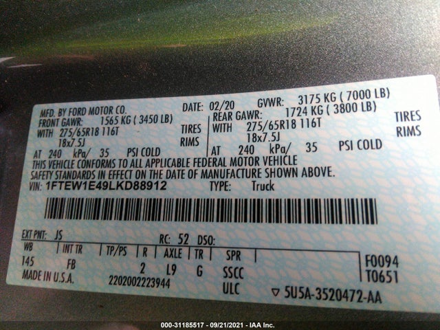 Ford F-150 Xlt 2020 1FTEW1E49LKD88912 Image 9