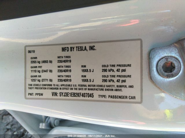 5YJ3E1EB2KF407045 Tesla Model 3 Performance/long Range