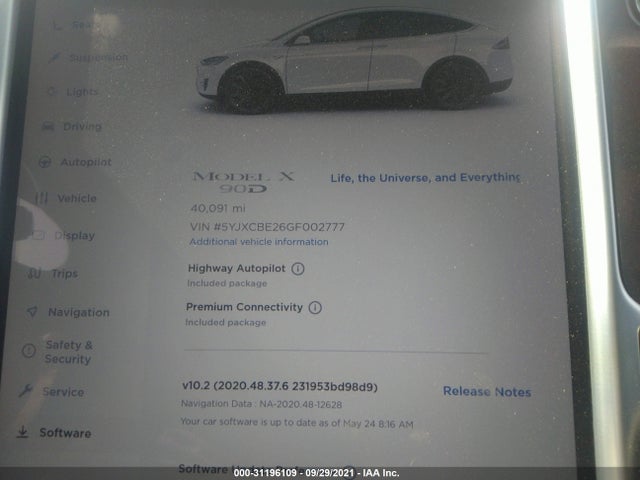 Tesla Model X 70d/90d/75d/60d/p100d 2016 5YJXCBE26GF002777 Image 9