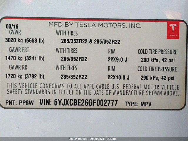 Tesla Model X 70d/90d/75d/60d/p100d 2016 5YJXCBE26GF002777 Image 11