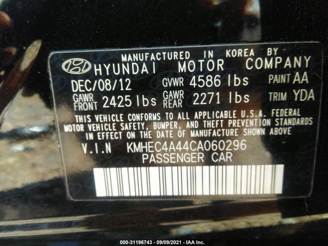 2012 HYUNDAI SONATA VIN: KMHEC4A44CA060296