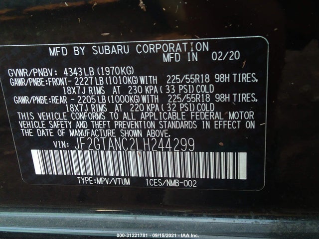 2020 Subaru Crosstrek, VIN: JF2GTANC2LH244299