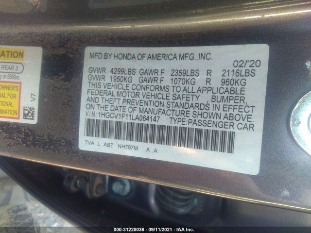 Продаж на аукціоні авто 2020 Honda Accord Sedan Lx, vin: 1HGCV1F11LA064147, номер лоту: 31228036